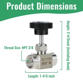 Angry Pony Stainless Steel 304 NPT 3/8 female Straight Needle Valve, High Pressure Hydraulic Flow Control Valve for Water Oil Gas Systems, 900 PSI