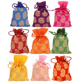 Touchstone Gorgeous Gift Wrapping bags reusable environment friendly Large Drawstring Paisley Brocade for birthdays, wedding, return present packing set. pack of 9. 4.5x3.5 inches.