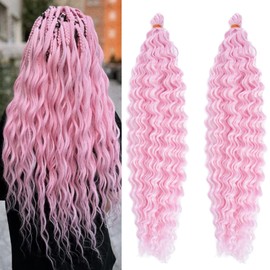 Light Pink Curly Ocean Wave Wavy Braiding Hair Deep Wave Crochet Hair 24 Inch Synthetic Pink Boho Hair for Braiding Bohemian Soft Curls for Boho Braids Extensions