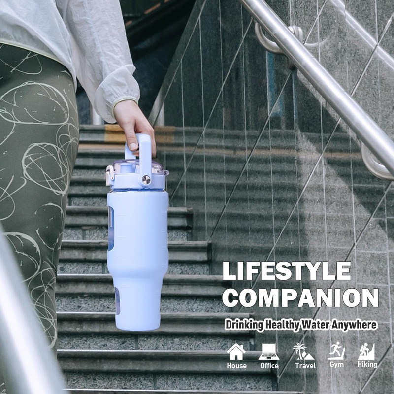 BLUEGO 40 oz Glass Water Bottle With Straw, Leakproof With