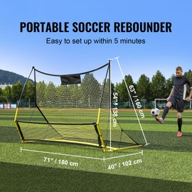 Happybuy 2-in-1 Portable Soccer Trainer, 71"x40" Iron Rebounder Net, Football Practice Equipment with Carry Bag, Ideal for Team and Solo Training