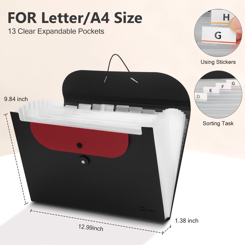 Uquelic A4 Document Folder, Expanding Folder with 13 Compartments, Folder