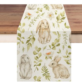 Easter Rabbits Table Runner 13x72 Inch,Bunny with Flowers Table Decors for Seasonal Spring Farmhouse Home Kitchen Dining Party 13x72 Inch