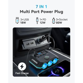 Anyongora Anyongora Cigarette Lighter Splitter, 120W Car Charger Adapter with USB & PD, 7 in 1 Multi Port Power Plug with Independent Switches & LED Voltage Display for 12V- 24V Vehicles (3.3FT Cable)