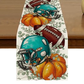 Fall Blue Helmet Pumpkin Football Eucalyptus Table Runner 13x72 Inch Autumn Thanksgiving Kitchen Dining Table Decor for Indoor Outdoor Farmhouse Home Party Decoration ZQ125
