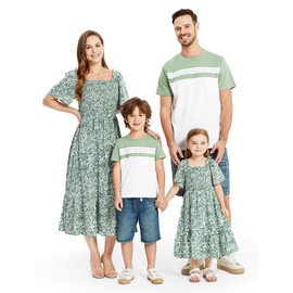 PATPAT Family Matching Outfits Mom and Daughter Matching Dresses Square Neck Short Puff Sleeve Casual Boho Beach Tiered Midi Smocked Sage Green Dusty Floral Dress Couples Outfits Women M