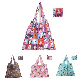 4 Pack Large 15L Cute Animal Pattern Reusable Grocery Shopping Bags Foldable Shopping Bags Tote with Attached Pouch,Machine Washable Eco-Friendly 46 (width) *40+26cm (4Pcs Animal 4 (Cat Dog))