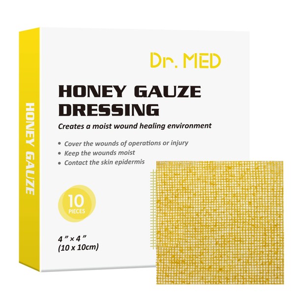Dr. Med Manuka Honey Gauze Dressing 4" x 4", 10 Pcs/Box Honey Medical Bandage Tulle Mesh Patch for Minor Abrasions, Cuts, Lacerations, Scald and Burns for Wound Healing, Chemical and Drug Free