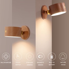 HBGFHG Wooden Led Wall Sconce, 360° Rotatable Dimmable Wall Lights Rechargeable Wall Lights Battery Operated Magnetic Led Night Light for Reading Light and Household Lighting (Beech Wood 2pcs)