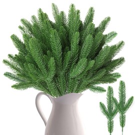 Vellibring 50 PCS Artificial Pine Branches Christmas Faux Pine Greenery Stems Fake Cedar Pine Needles Picks for Christmas Tree Wreath Garland DIY Crafts Holiday Home Decoration