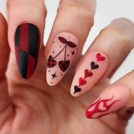 Valentine's Day Press on Nails Medium Almond Fake Nails With Heart Cherry Designs Valentines Day Red Flame French Tip False Nails Matte Full Cover Stick on Nails Romantic Nails for Women 24 Pcs
