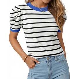 TARSE Striped Tops for Womens Fashion 2024 Summer Trendy Cute Crewneck Puff Short Sleeve Pullover Casual Stripe Oversized Tops for Women Spring Outfits Clothes Large White Black