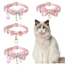 4pcs Kitten Bow Tie Collar, Breakaway Removable Pink Bow Collar with Bell Pearl, 7.8-11inch Lace Bow Beads Cat Collar for Small Female Cat Dog