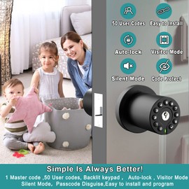 BOTHSTAR Keypad Door Knob with Key,Keyless Entry Door Lock, Code Locks Door Knob, Auto Lock,50 User Code,Easy to Install,for Home,Office,Hotel,Bedroom,Garage,No Deadbolt, Matte Black Finish