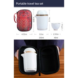 Portable Ceramic Tea Cup Set: Porcelain Teapot Set with Tea Strainer - Lids and 4 Teacups - 1 Shockproof Storage Case - Suitable for Outdoor Travel - Picnic - Office Work - Home - White