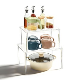 Clear Kitchen Organiser, Pack of 2 Kitchen Cabinet Organiser, Clear Spice Rack, Stackable, Transparent Cabinet Organiser, Shelf, Acrylic Cabinet Organiser for Dressing Table, Desk
