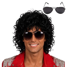 ColorGround Retro Wet Curl Wig with Black Sunglasses for Men 80s Pop Star Curly Black Wig with Natural Matte Finish for Halloween Costume Party Dance Performance (Black-1)