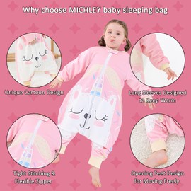 MICHLEY Baby Sleeping Bag Sack Long Sleeve with Feet Winter Swaddle Wearable Blanket for Boys Girls,Cat,1-3Years