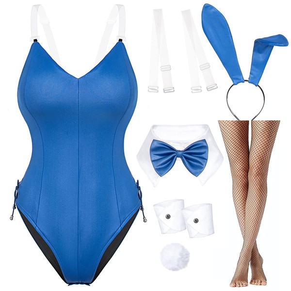 Women's Bunny Girl Suit, Anime Role Costume, Senpai Cosplay Bodysuit, One-Piece Stockings Set (Blue M)