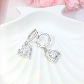 Sterling Silver Heart Dangle Hoop Earrings for Women White Gold Cubic Zirconia Heart Dangle Drop Earrings Hypoallergenic Birthstone Jewelry Dangling Earrings for Daughter Wife Birthday Christmas