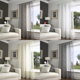 Harrogate Leaf Floral Grey Slot Top Voile Net Curtain Panel (55" Wide x 48" Drop)