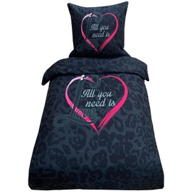 Visaggio Microfibre Bed Linen 135 x 200 cm Partner Bed Linen Set Black Pink Love Heart 2-Piece