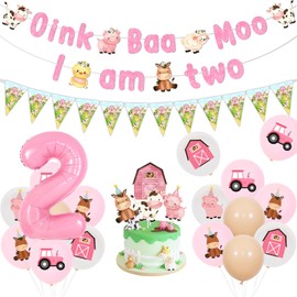 Fangleland Farm Animal 2nd Birthday Decorations for Girls, Oink Baa Moo I am Two Banner Farm Animal Bunting Printed Balloons Cupcake Toppers Number 2 Foil Balloons for Age 2 Birthday Party Supplies