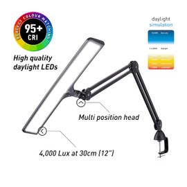 Daylight Company Multiplex - 3-in-1 Lamp Floor Lamp, Clamp Table LED Eye Care 95+ CRI, Reading Bedroom Multi 5 Step Dimmer, 3 Colour Black (UN8020)