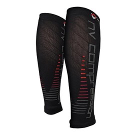 NV Compression Race and Recover Footless Compression Stockings - Calf Support Compression Calf Sleeves (Blk/Red Stripes, L-XL)