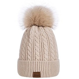 Alepo Womens Winter Beanie Hat, Warm Fleece Lined Knitted Soft Ski Cuff Cap with Pom Pom(Oatmeal)
