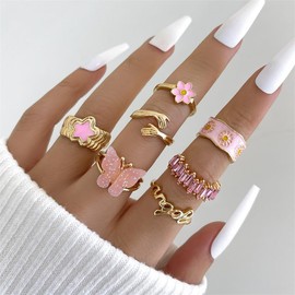Boho Gold Knuckle Rings Set for Women Girls,Vintage Stackable Joint Finger Ring Butterfly Heart Flower Hug Sparkling Crystals Ring Set Jewelry (Pink2)
