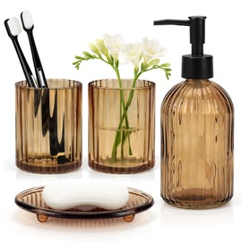 Topsky 4 Pcs Glass Bathroom Accessories Set,13.5oz Liquid Hand Soap Dispenser with Toothbrush Holder,Mouthwash Cup,Soap Dish for Bathroom Countertop,Colored Vertical Stripe Design,Heavy Weight,Amber