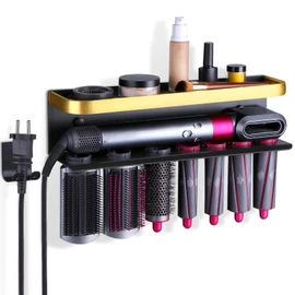 Wall Mount Holder Compatible with Dyson Airwrap Styler, Black gold Storage Rack Organizer for Hair Curling Iron & Attachments, Space-Saving Bathroom Bracket Stand, No-Drill Installation