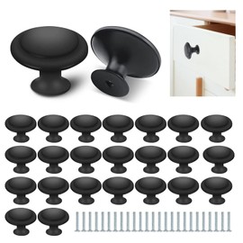 25 Frosted Black Round Kitchen Cabinet Handles, 27mm Round Drawer Handles, Flat Pull knobs, Makeup Drawers Bathroom Drawers Screw Hardware Accessories Modern Handles