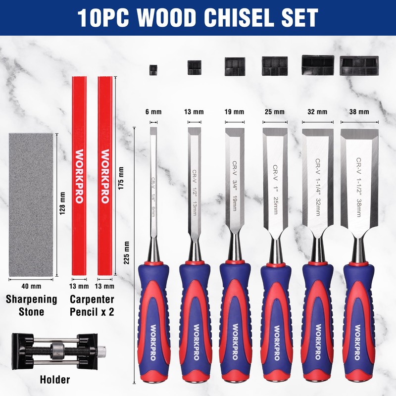 WORKPRO 10-Piece Wood Chisel Set for Woodworking, Cr-V Bevel Edge