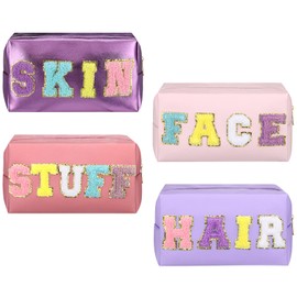 Talltalk 4 Pcs Large Chenille Letter Patch Makeup Bag Skin Stuff Hair Face Bag Preppy Patch Makeup Cosmetic Bag Toiletry Zipper for Women Teen Girl(Sweet Color Letters, PU Leather)