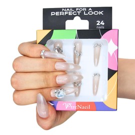 Votrenaeil Press On Nails – Glam Jewel | No Glue Long Almond Nude Nails with Big Gem & Silver Accents for Wedding – 24 Pcs Nail Kit with Adhesive Tabs