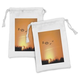 Ambesonne Birds Fabric Pouch Set of 2, Bird Migration over Desert Autumn View at Sunset Evening Seasonal Picture Print, Small Drawstring Bag for Toiletries Masks and Favors, 9" x 6", Orange Black