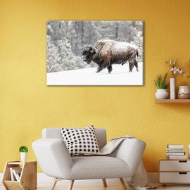TUMOVO Bison in Yellowstone National Park Wall Art for Bedroom Bison in the Snow Canvas Painting Large Wall Art for Living Room Home Decor 1Panels Stretched on Wooden Framed 24" Wx36 H