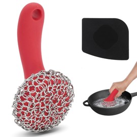 Cast Iron Scrubber with Long Handle | 316 Cast Iron Cleaner Chainmail Scrubber for Cast Iron Pan Skillet Cleaner - Dish Scouring Pad Dishwasher Safe Cleaning Kit (Red, 1 Scrubber + 1 Scraper)