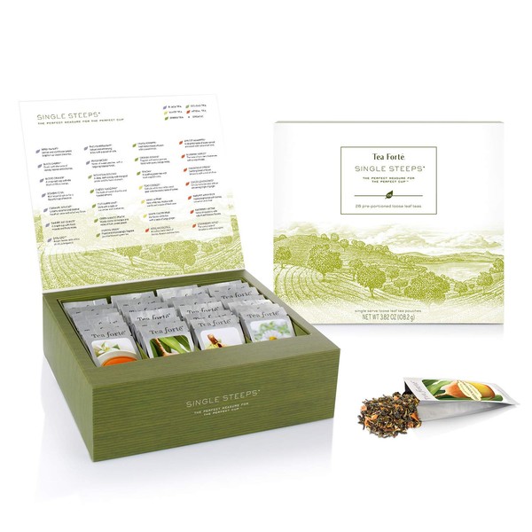 Tea Forte Assorted Tea Gift Set, 28 Assorted Loose Leaf Teas, Single Steeps Tea Chest Gift Box, Classic Flavored Tea
