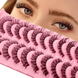 10 Pairs of Clear Band Artificial Eyelashes, Cat Eye, 15 mm, Fluffy Cat Eye, Russian Volume Strip Lashes, D Curly Wispy False Eyelashes, Natural Look Eyelash Extensions (S013)