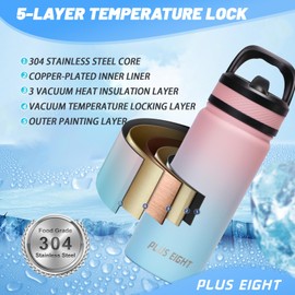 pluseight Insulated Water Bottle With Straw, 20 oz Stainless Steel Water Bottle Wide Mouth for Sports, Gym or Office, BPA-Free Keep Cold 24H Hot 12H (Pink Blue)