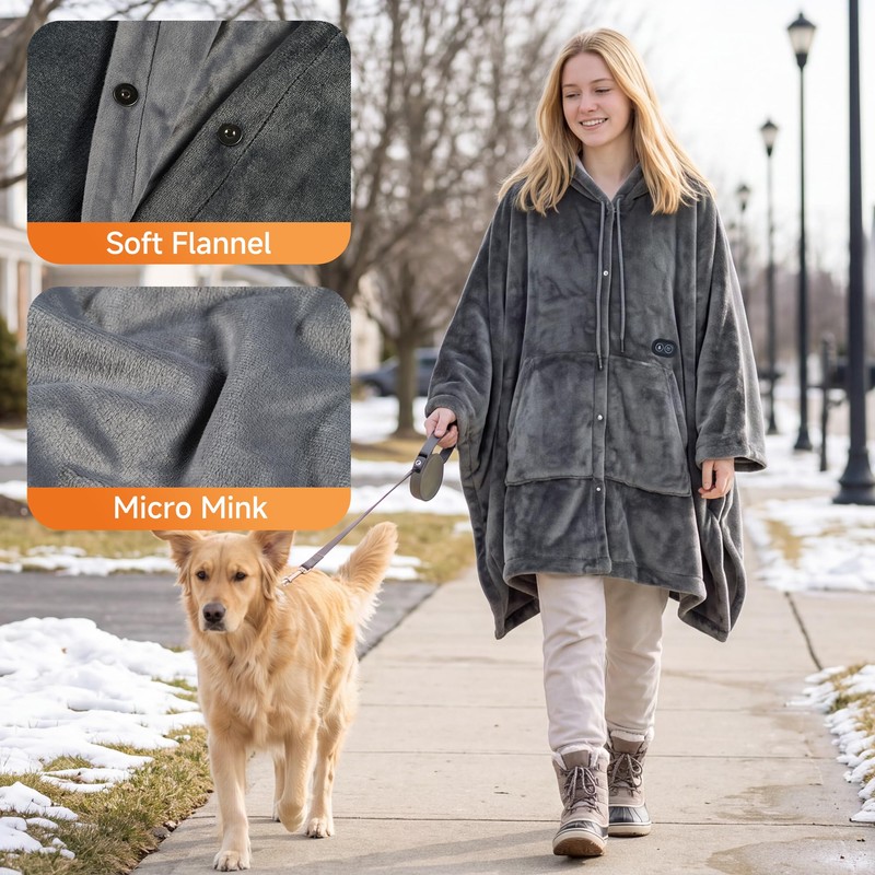 Cordless Wearable Heated Blanket Poncho, Portable Heated Shawl, 38x67