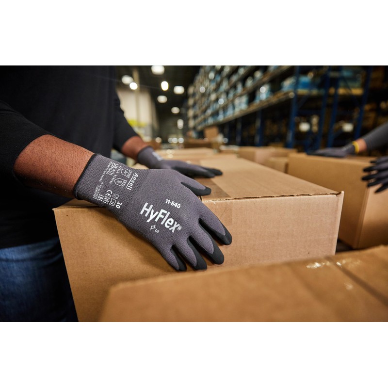 Ansell HyFlex 11-840 Professional Work Gloves, Abrasion Resistant Nitrile Coating