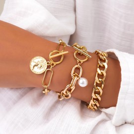 LKingel Chunky Gold Bracelets for Women Trendy Stacked Chunky Pearl Bracelets Golden Pearls OT Clasp Bracelet Chain Portrait Pendant Bracelet Gold and Pearl Jewelry Set (Style1)
