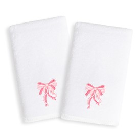 KHALPERA - Juego de toallas de mano de lujo de 2 piezas, 100% algodón turco auténtico, suave y absorbente, diseño de lazo bordado y cinta, ideal para decoración de baño de niños, bordado rosa