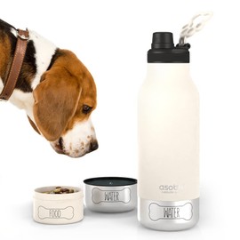 asobu Dog Buddy Bottle a Stainless Steel Insulated Water Bottle for a Human with 2 Removable Dog Bowls for Water, Food, and Treat Storage – 34 Ounce (White)