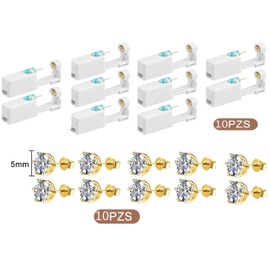 Liahelianx Pistola Perforadora Profesional 10 en 1 - Kit Perforación Orejas Estéril Sin Dolor con Pendientes Circonita 5mm Hipoalergénicos, Seguro para Niños y Adultos en Casa (Oro)