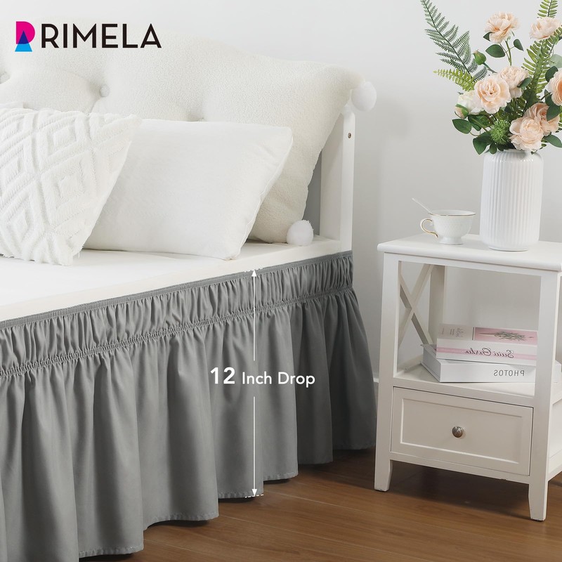 Rimela Gray Queen Bed Skirt 12 Inch Drop,Elastic Bed Skirts